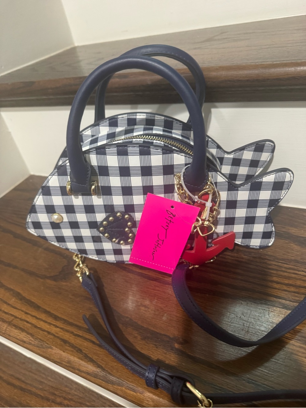 Betsey Johnson Navy & White Gingham Dome Mini FISH  Satchel w/ Red Anchor Charm